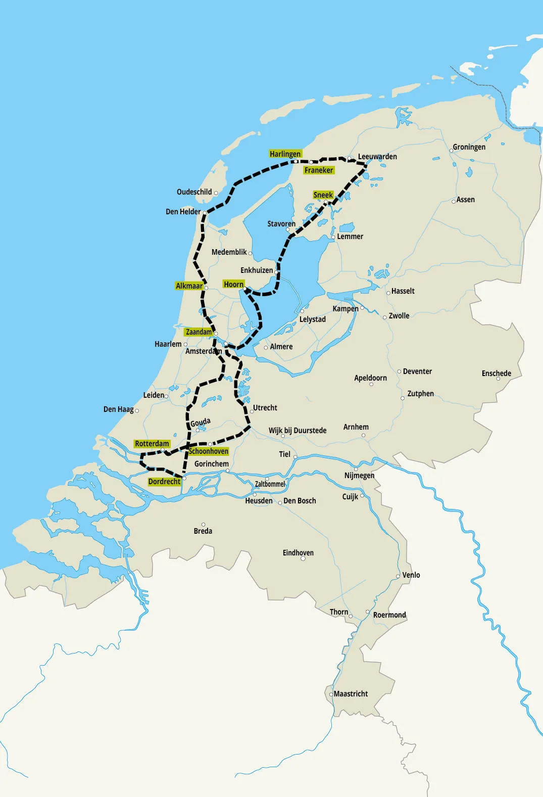 Friesland en Noord-Holland vanaf Rotterdam