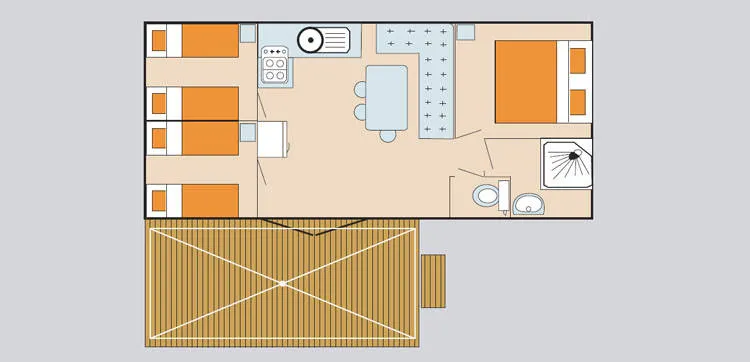 Plattegrond stacaravan met houten terras en luifel