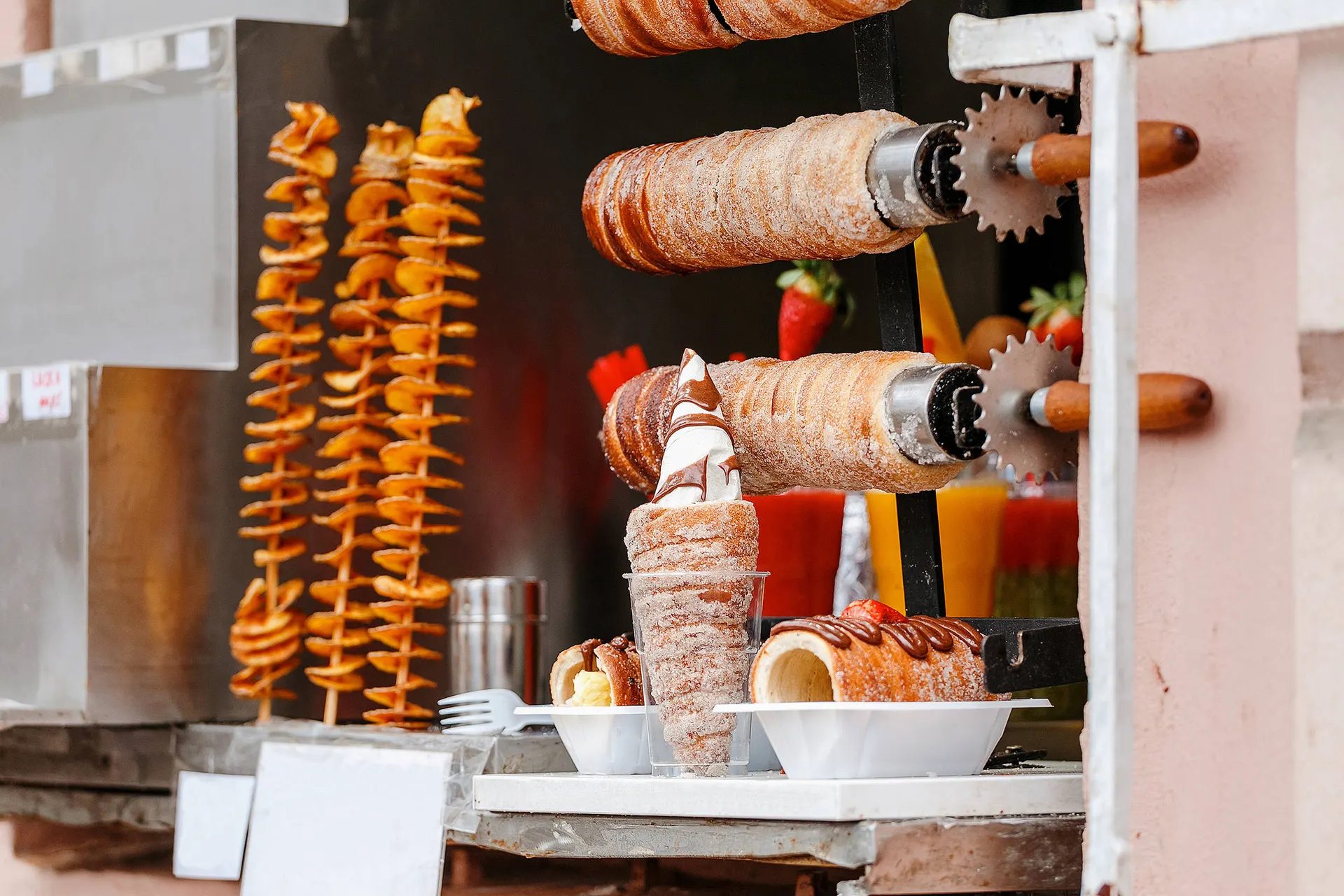 Traditional czech Trdelnik on a showcase in Prague shop