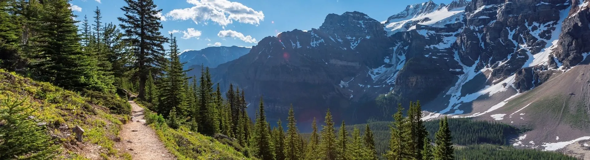 Uitzicht op een zonnig toeristisch pad in de Rocky Mountains. Het pad in de bergen bij Moraine Lake in de Canadese Rockies, Nationaal Park Banff, Canada | de Jong Intra Vakanties