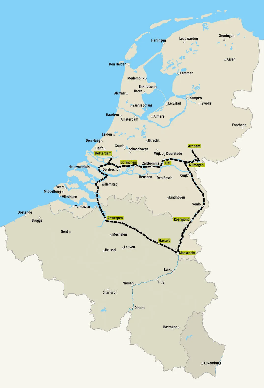 Vlaanderen en zuidelijk Nederland vanaf Rotterdam
